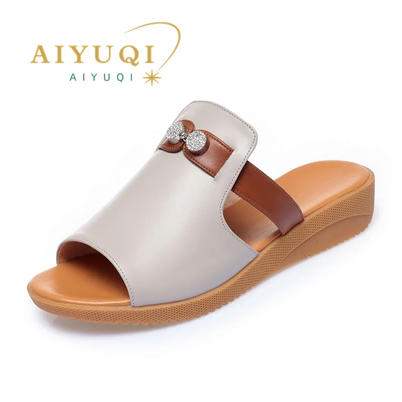 

AIYUQI Women's Slippers Wedge 2024 New Genuine Leather Women Summer Slippers Mom Large Size 41 42 43 Anti-Slip Women Slippers