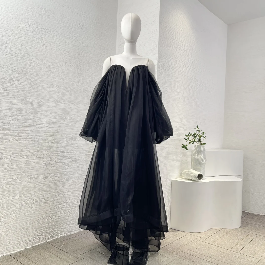 

Pure Silk High Quality New Summer Beach Style Irregular Hem Women Black Maxi Dress