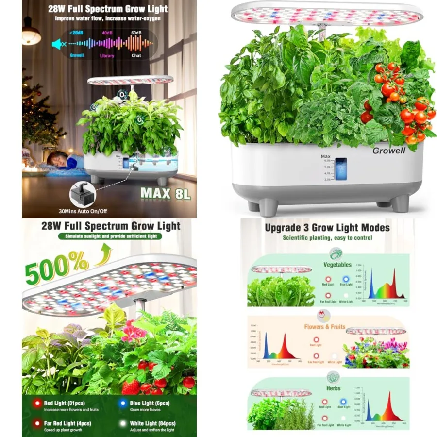 

Hydroponics Growing System Kit, 16 Pods Indoor Garden with 28W Full Spectrum LED Grow Light, Auto Timer, 3 Smart Light Modes, 8