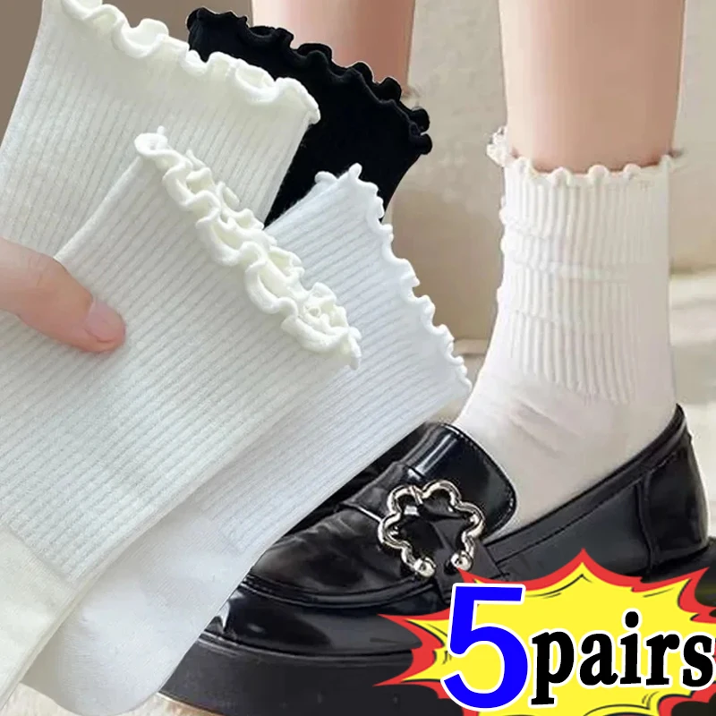 1/5pairs Socks for Women Cute Summer Japanese Cotton Breathable Girls Short Socks Kawaii Frilly Ruffle Casual Socks Lolita