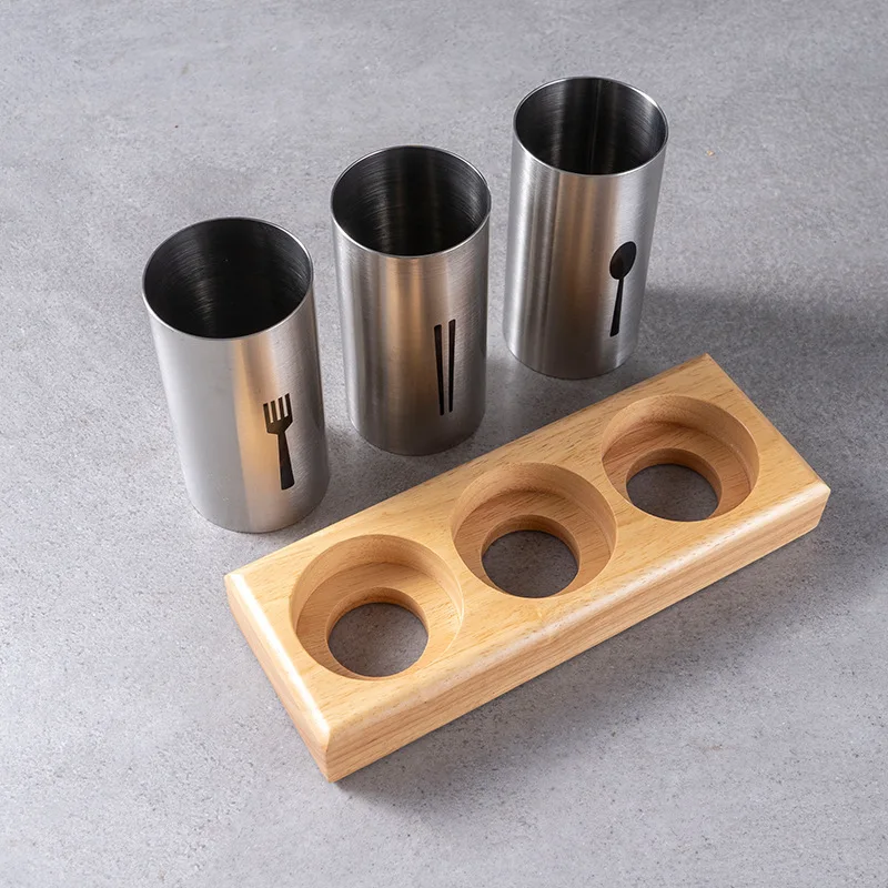 Practical Wood Base Chopsticks Storage Rack High-grade 304 Stainless Steel Drain Box Drying Flatware Organizer for Kitchen