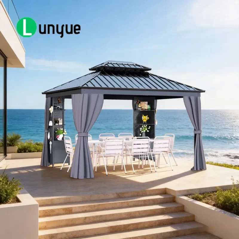 Outdoor Waterproof Aluminum Alloy Galvanized Steel Double Roof Hardtop Gazebo With Storage Racks For Gardens Terraces Patio
