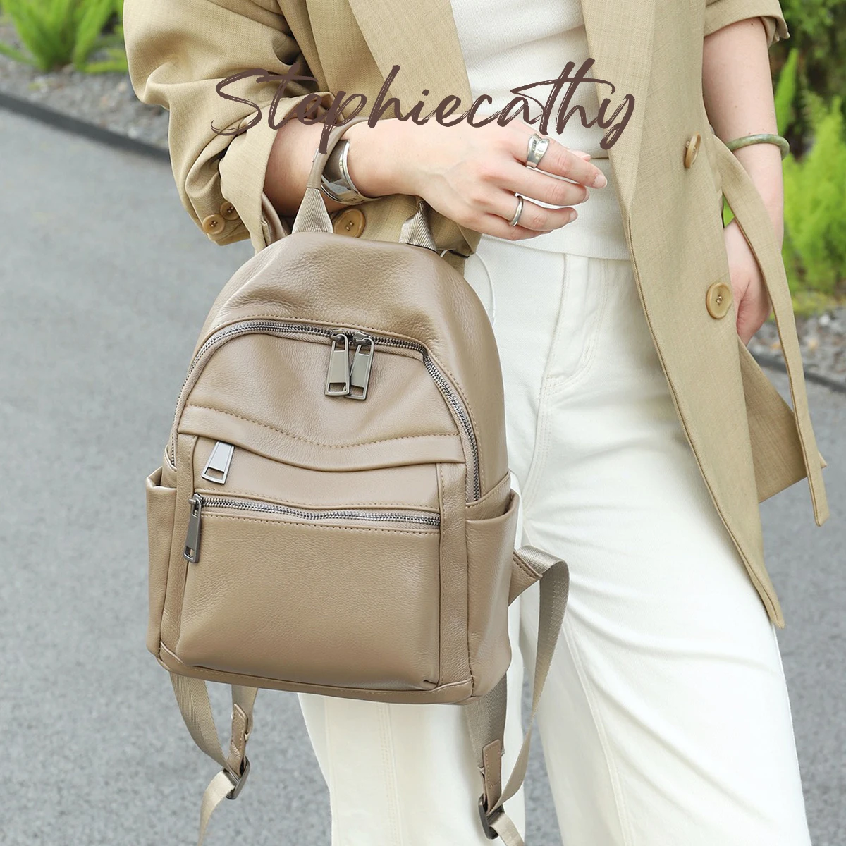 SC Large Capacity Functional Real Leather Knapsack For Women Multi Zip Pockets Backpack Shoulder Bag For Casual Daily College