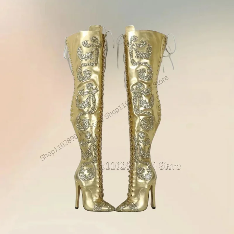 

Gold Sequins Totem Decor Strappy Pointed Toe Boots Lace Up Women Shoes Thin High Heels Fashion Banquet 2023 Zapatos Para Mujere