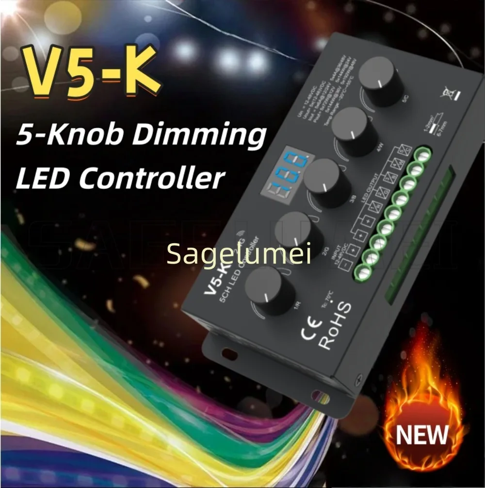 V5-K NEW Skydance RF 2.4G 5CH*6A 12-48VDC 5-Knob CV LED Controller Dimming for Single color,CCT, RGB, RGBW, RGB+CCT LED strips