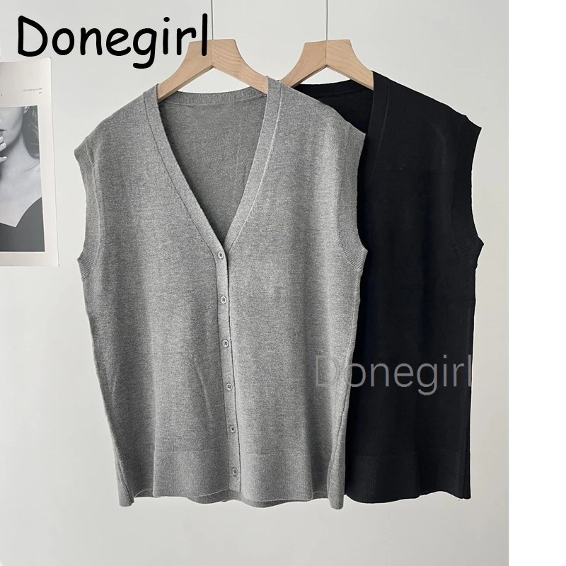 Donegirl Gray Lazy Knitted Vest Sweater Women's Casual Sleeveless Top Fashion Shoulder Open Cardigan Autumn New Arrival