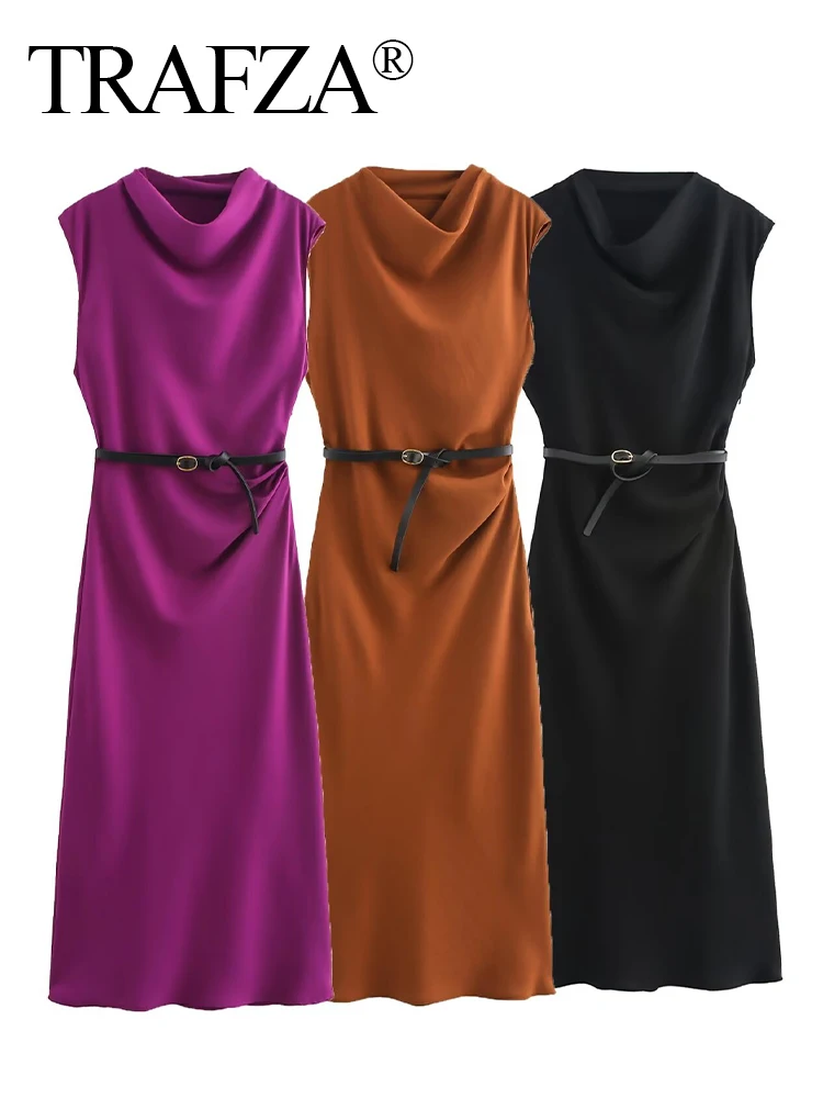 TRAFZA Autumn Women' Fashion Solid Sleeveless O Neck Slim Long Dresses Female With Belt Chic Elegant Versatile Woman Dress