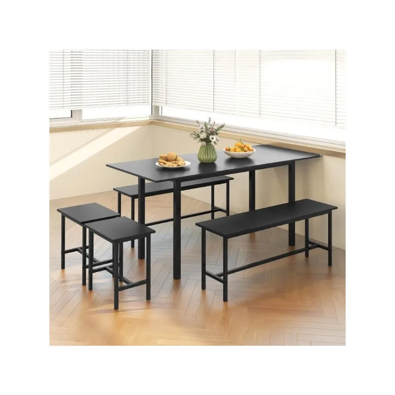 Dining Table Set for 4-6, 5-Piece Kitchen Table Chairs Set, 63” Extendable   with 2 Benches, 2 Stools, Dinette