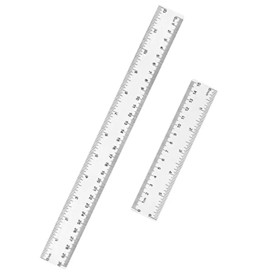 

School, home, or office use: clear plastic ruler set 6 inch + 12 inch,shatterproof, dual-scale in inches and centimeters, trans