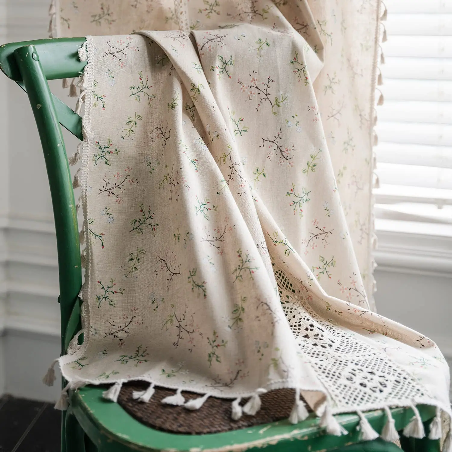 Boho Curtains Floral Semi-Blackout Windows Curtains with Tassels Cotton Linen Curtains Panels for Bedroom Living Room, 1 Panel