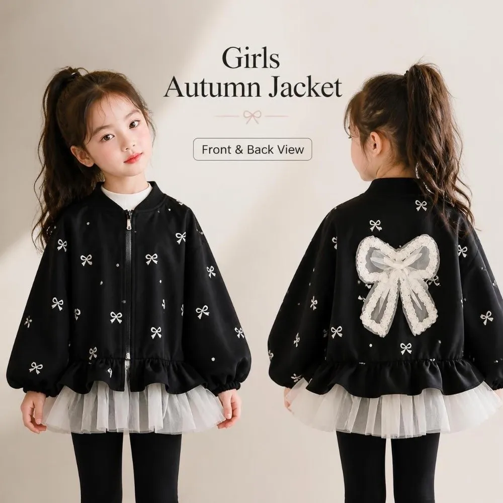 Puff Long Sleeve Children's Bowknot Jacket Lace Bow Black Kids Fashion Coat Princess Outerwear Patchwork Baby Windbreaker