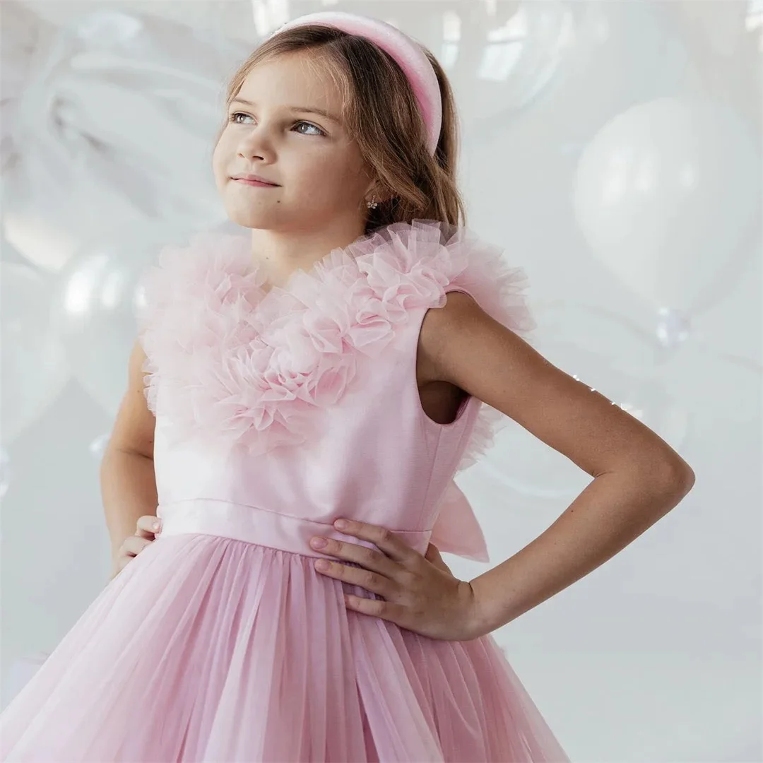 맞춤형 핑크 플라워 걸 드레스 웨딩 튤 퍼피 플로어 길이 프린세스 키즈 생일 파티 첫 성찬식 볼 가운