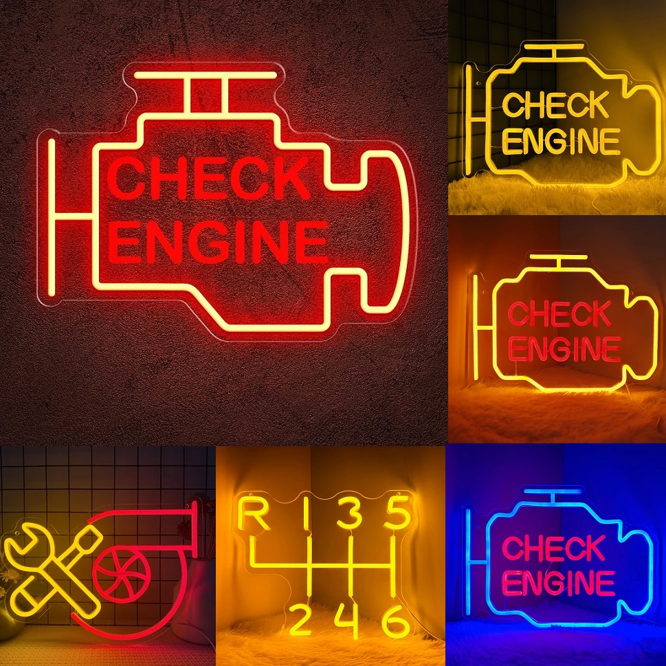 Check Engine Neon Signs for Wall Decoration, LED Neon Garage Signs, Garage Lighting Signs for Men's Auto Repair Shop Workshops