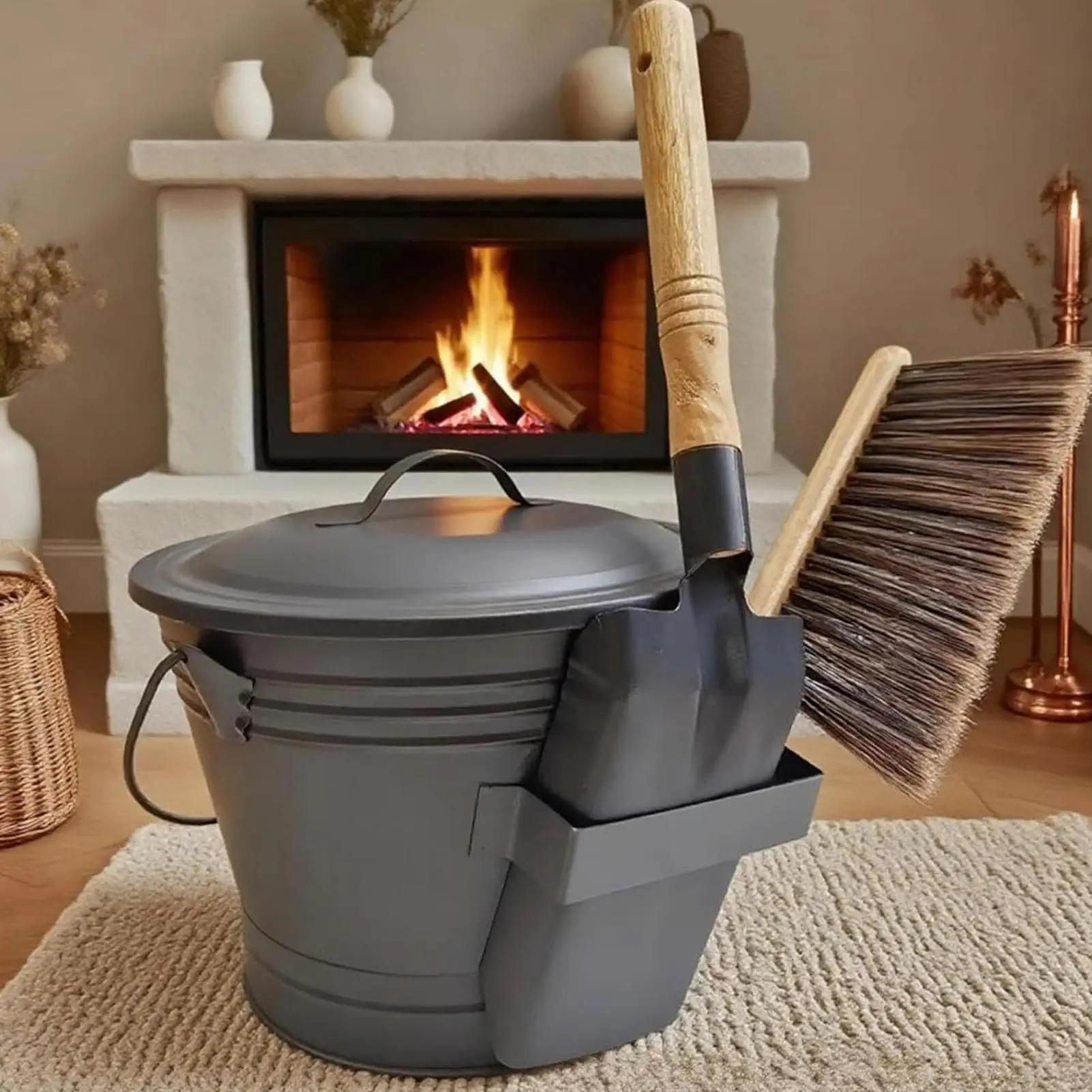 دلو الرماد للمدفأة ملحقات موقد الخشب المحمولة حاوية رماد كبيرة مع مجموعة أدوات الموقد لموقد حفرة النار #2