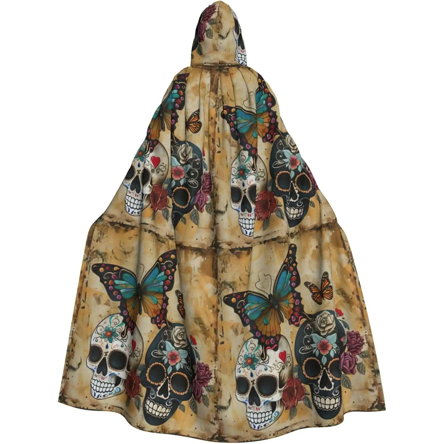 

Плащ с капюшоном и принтом сахарных черепов и бабочек, универсальная накидка для взрослых, костюм ведьмы, костюмы на Хэллоуин, карнавальный плащ