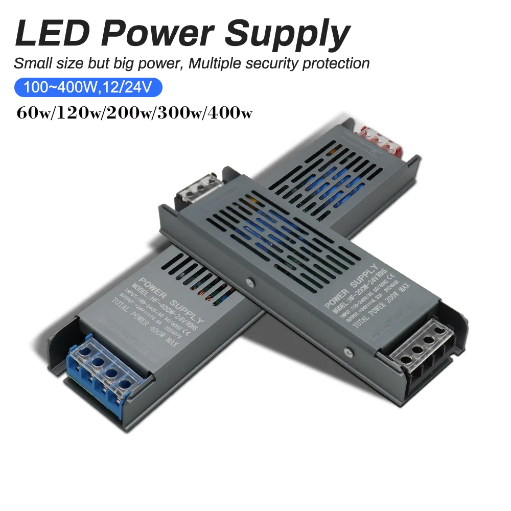 Super Thin 12V 24V Power Supply 60W 120W 200W 300W 400W LED Power Transformer AC to DC LED Driver Converter for LED Strip