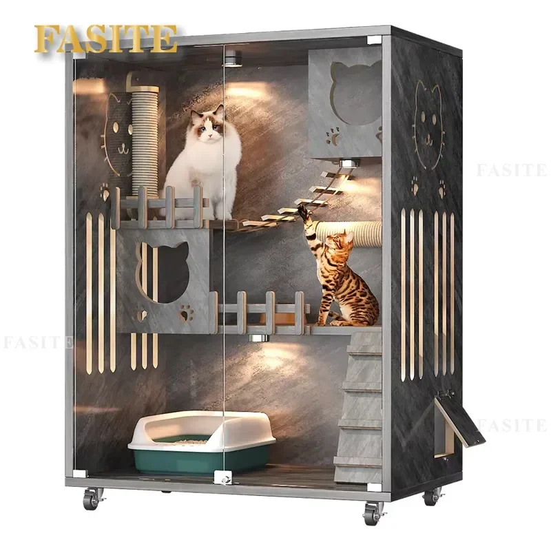 For Multi-storey Deluxe Wooden Cat House Eco-friendly Breathable Pet Villa Indoor Small Animals Upgraded Cage