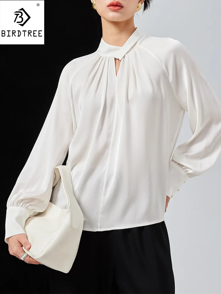 

BirdTree, 90%Natural Silk Elegant Blouses, Women Stand Neck Lantern Sleeve, Satin Loose Fashion Shirts, Summer Autumn T47008QM