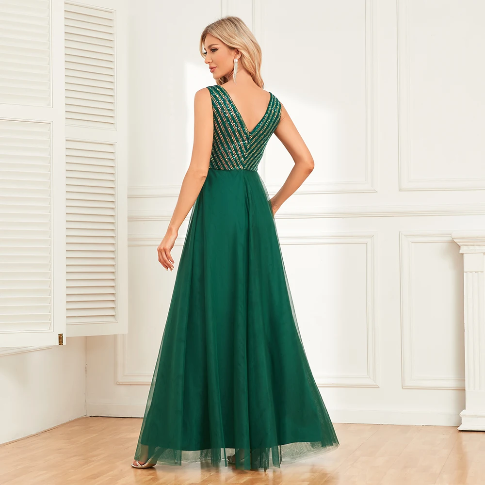 Women  Autumn Winter V-Neck Dark Green Sleeveless Evening Dresses Sequin Tulle A-Line Long Party Gown Elegant Formal Dress