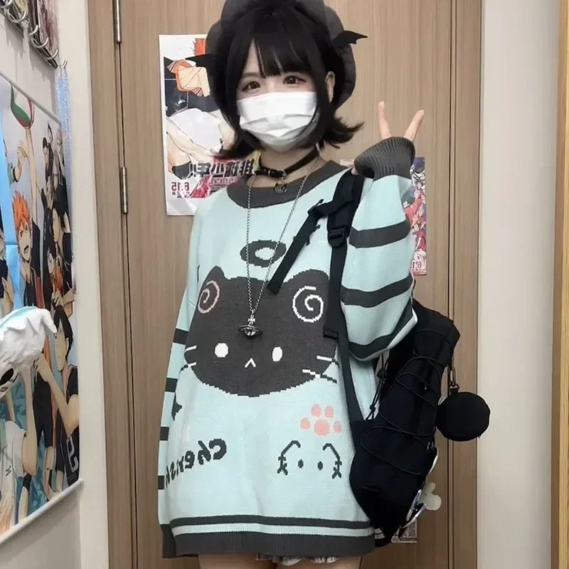 

Y2k Striped Kawaii Women Sweaters Cartoon Embroidery Harajuku Japanese Fashion Knit Pullovers Loose Cute Winter