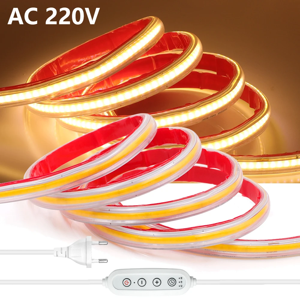 220 فولت COB LED قطاع مع الموقت باهتة الاتحاد الأوروبي المملكة المتحدة الاتحاد الأفريقي التوصيل مقاوم للماء 288 المصابيح/م لاصق LED شريط إضاءة لغرفة النوم ديكور مطبخ