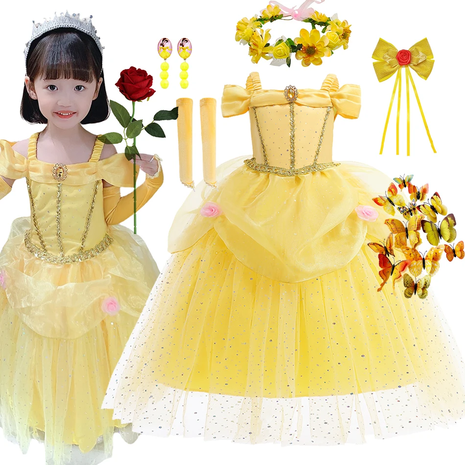 Girl Belle Princess Cosplay Costume Children Off Shoulder Lace Sequin Frocks Children Summer Fulffy Elegant Gown Kids Outfits