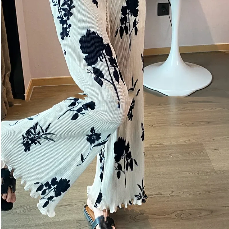 Women's Clothing Floral Printing Contrast Color Elastic Pockets High Waisted Casual All-match Trousers Wide Leg Commuter Pants
