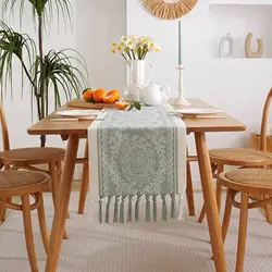 Floral Coffee Table Runner with Fringe, Jacquard Dining Table Runner for Living Room, Wedding Decor, Elegant and Elegant