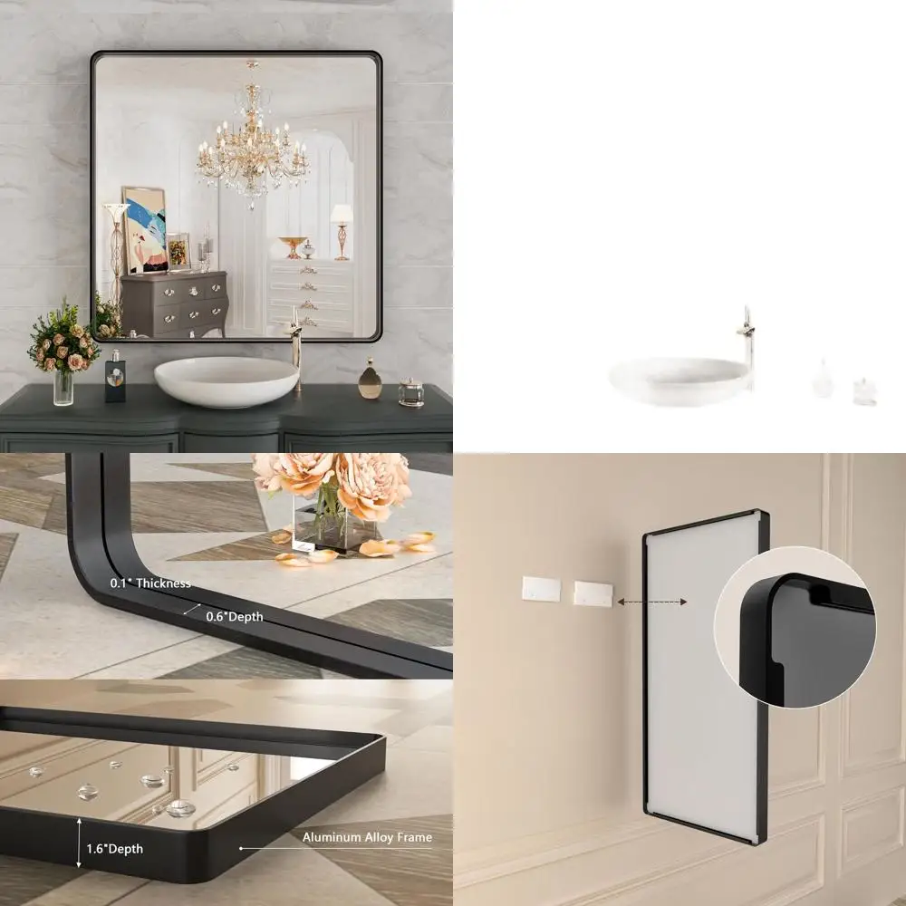 Espejo de baño con marco negro mate de 38 pulgadas, vidrio templado con esquinas redondeadas, espejo de tocador de montaje en pared estilo granja