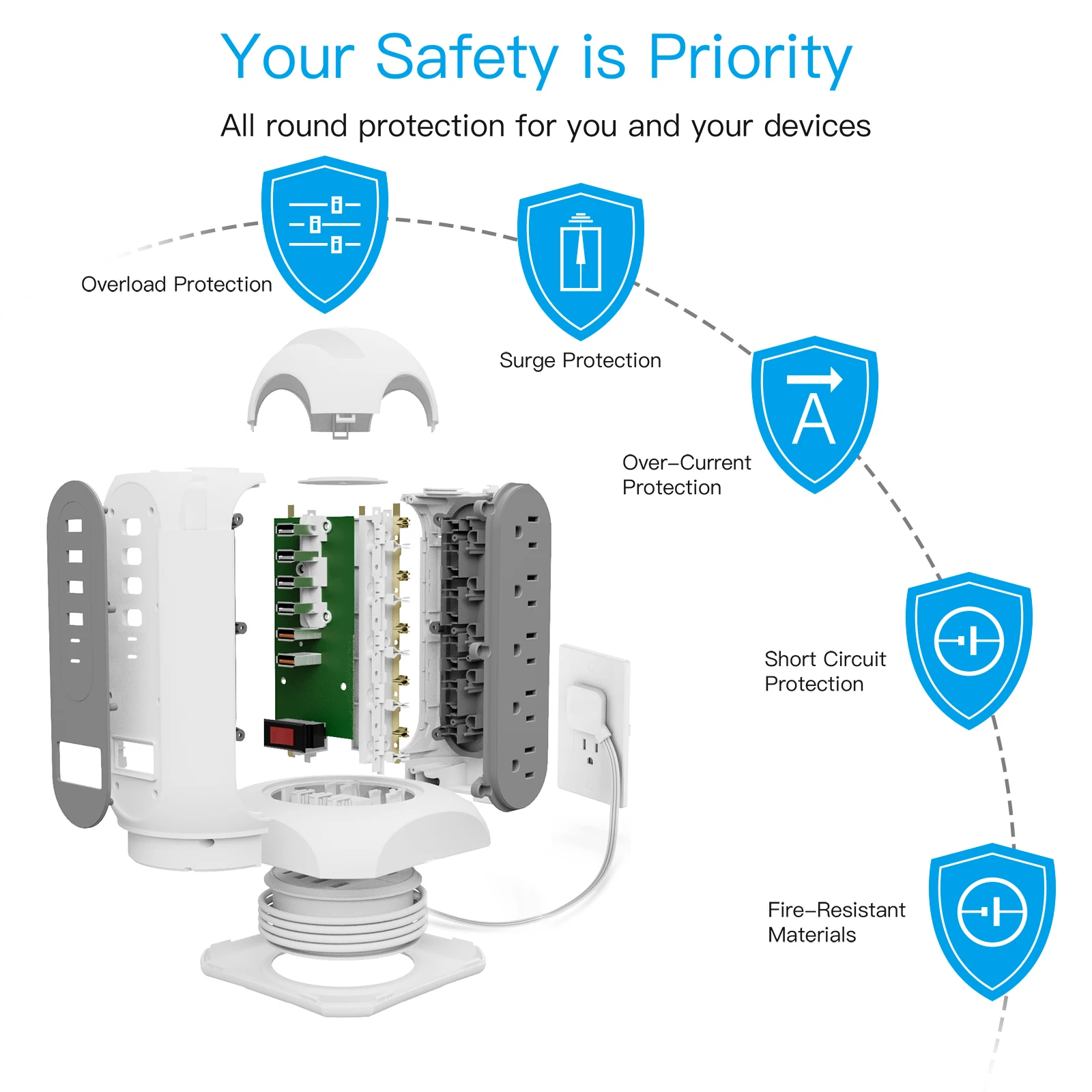 Us Plug Power Strip 15 Ac 1.65m Extension Cord Multitap Outlet Network Filter Overload Switch with 4Usb-A 2Usb-C Ports Charging
