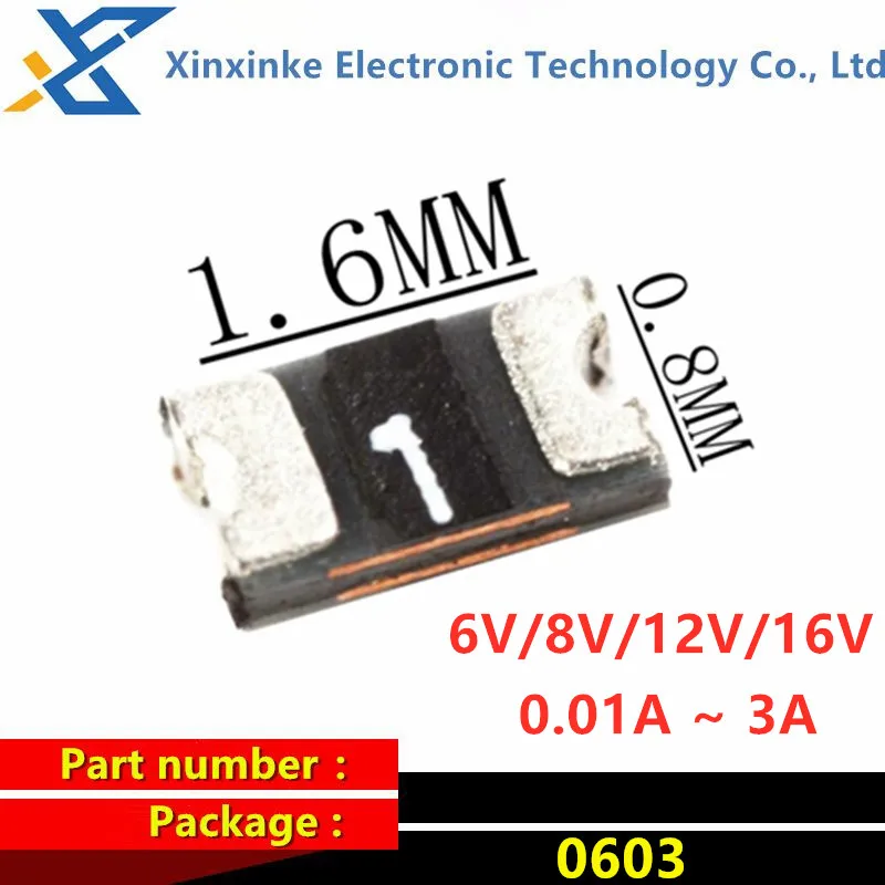 100PCS 0603 SMD Self-resetting Fuse 6V 8V 12/16V PPTC Fuse 0.1A 0.01A 1/1.1/1.5/2/2.5/2.6A 3A 10/20/50/100/200/300/350/500/750MA