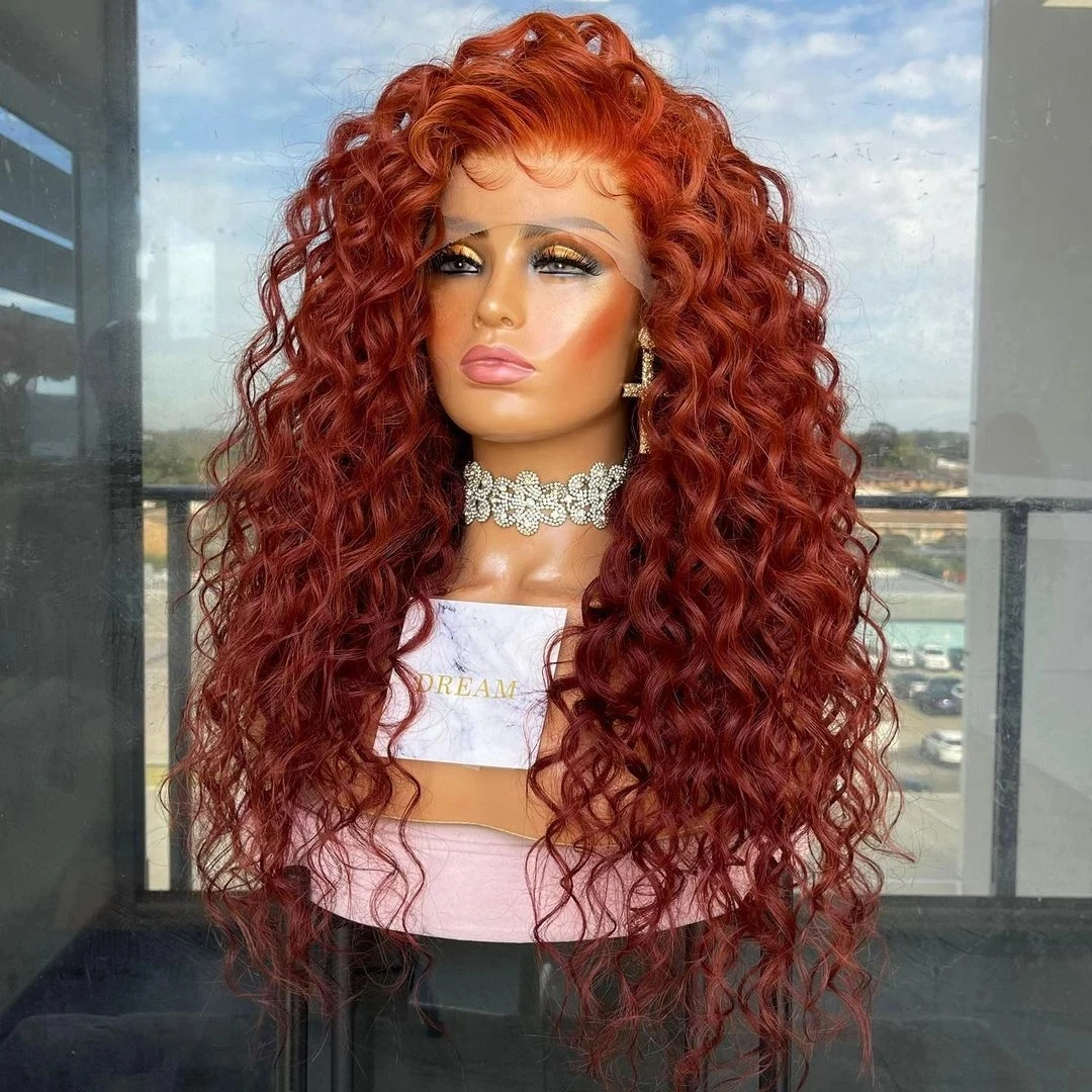 Loose Curly Burgundy Red Synthetic Hair Lace Front Wigs For Black Women Free Part Frontal Fiber Hairline Glueless