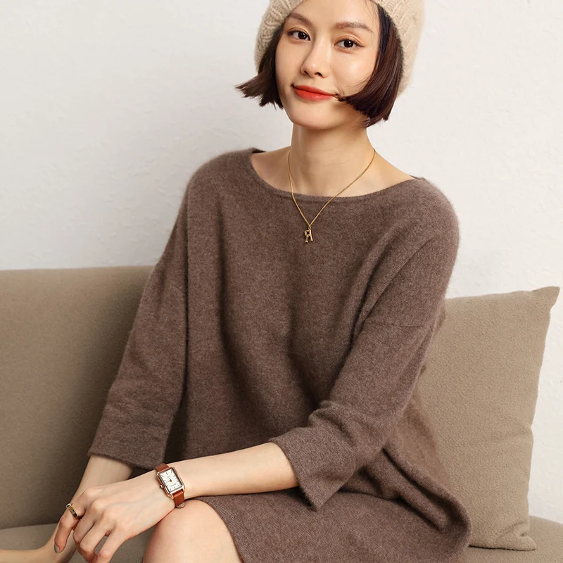 High-end New 100% Cashmere Long Sweater Dress Women Sexy Knitted Dresses Female Loose Large Size O-Neck Elastic 5Colors Pullover