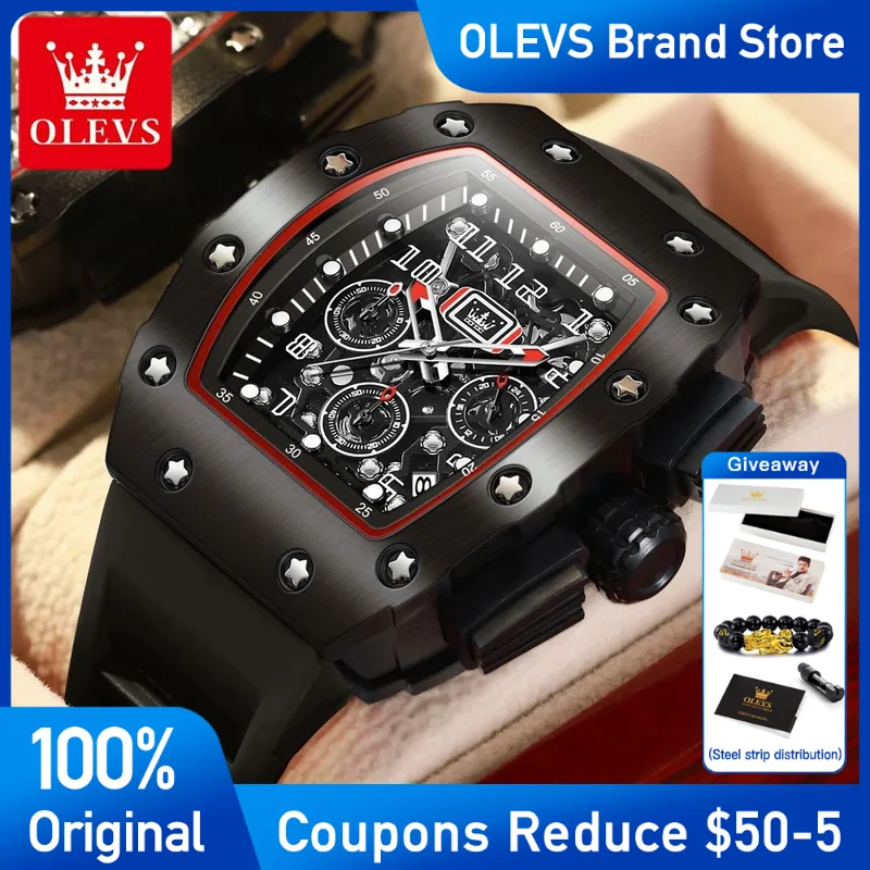 

OLEVS Mens Watch Top Brand Barrel-shaped Quartz Men's Wristwatch Silicone strap Waterproof Luminous calendar luxury Reloj