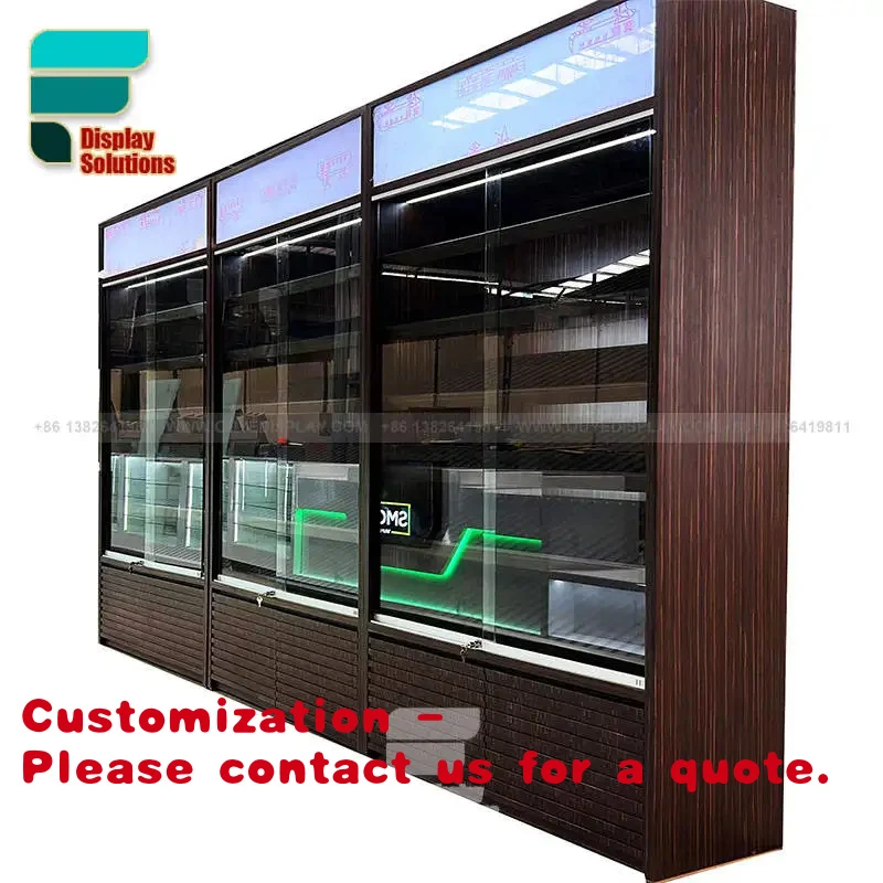 

Витрина-шкаф на заказ с многоуровневыми стеклянными полками, запираемая, для демонстрации табачных изделий