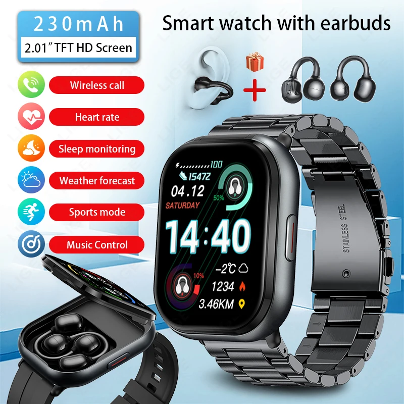 

LIGE TWS 2 in 1 Clip-on Headphones Smart Watch 2.01" HD Bluetooth Voice Calling Health Monitor Sport Smartwatch for Android iOS