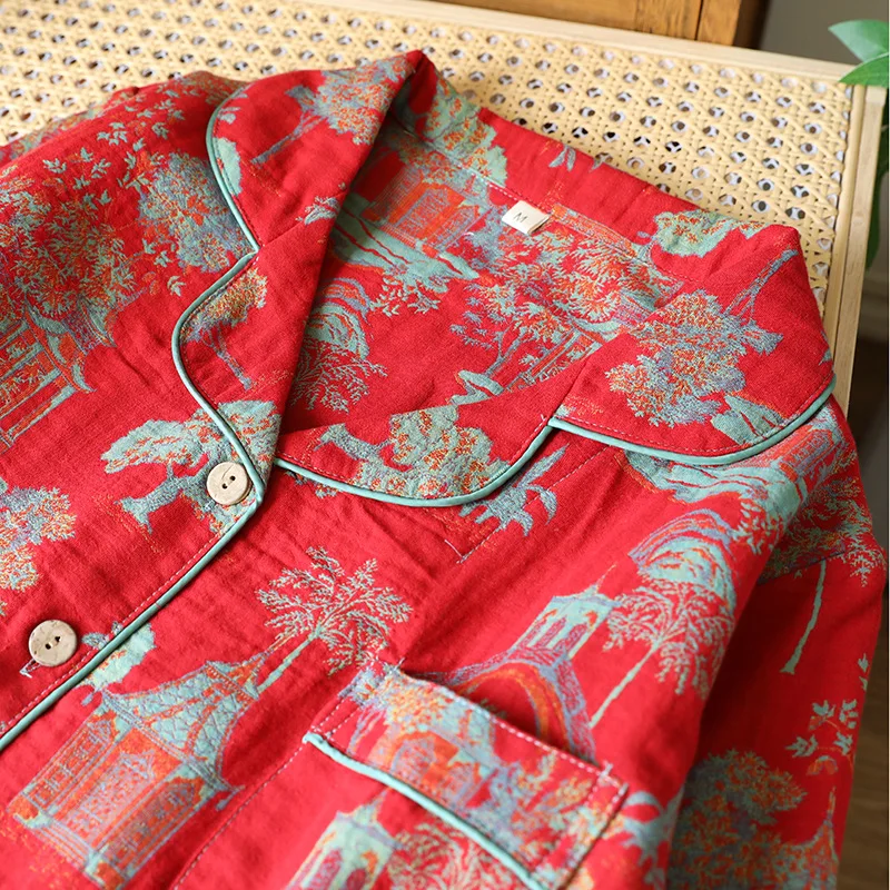 ชุดนอนผ้าฝ้ายเนื้อละเอียด 100% สำหรับผู้หญิง ปี 2025 สีเรโทร ชุดนอนถักแขนยาว ชุดลำลองใส่บ้าน