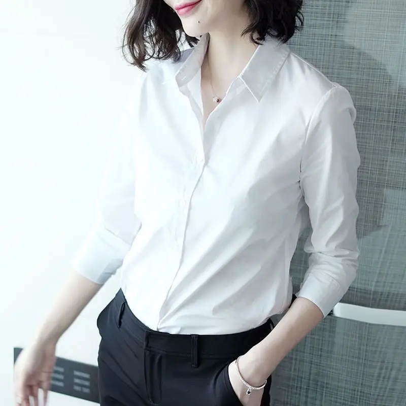 2024 Spring and Autumn Korean Commuter Minimalist and Versatile Blouses Long Sleeve Slim Solid Color Collar Women's Shirt Top