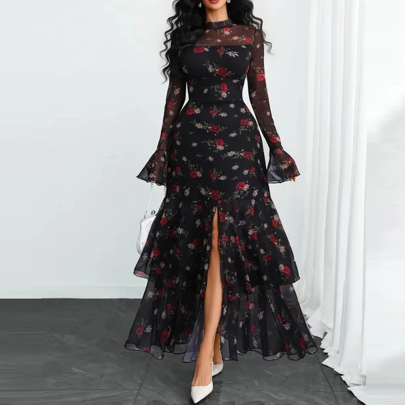 

Vintage Mesh Flare Sleeve Polka Dot Print Dress Elegant Lady O-neck Spliced Banquet Dress Spring Summer 2026 New Pleated Dresses