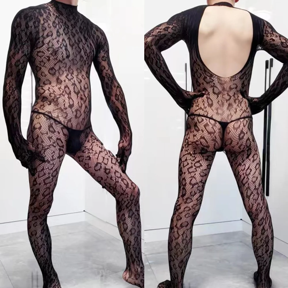 Men Lingerie Sheer Mesh Fishnet Overall Bodysuit Fishnet Bodystocking Jumpsuit Hollow Out Night Stockings Sexy Catsuit