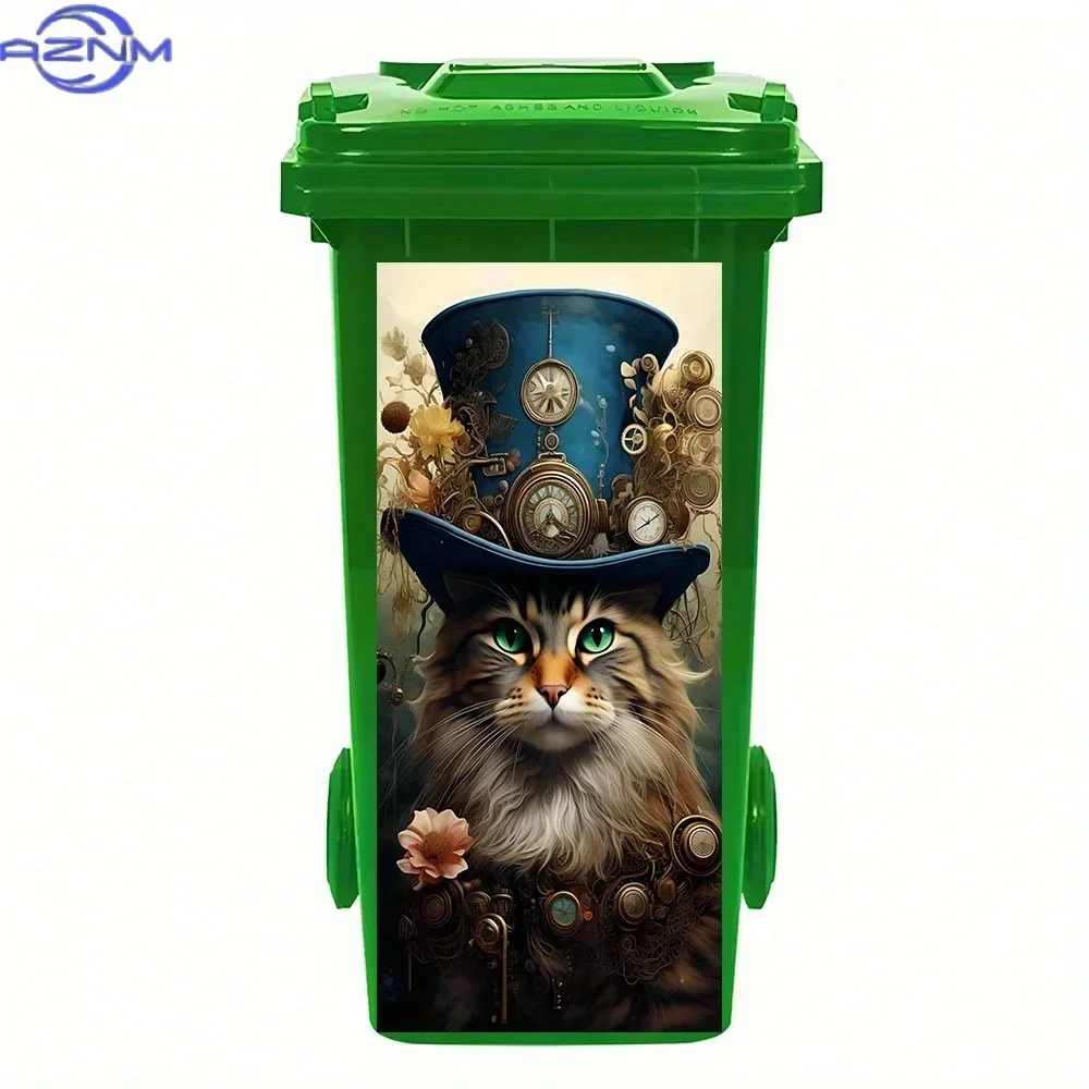 2D 1PC1pc Steampunk Cat Trash Can Sticker - Blue Top Hat & Clockwork Details PVC Waterproof Removable Decal, .99x.0 cm Matte F