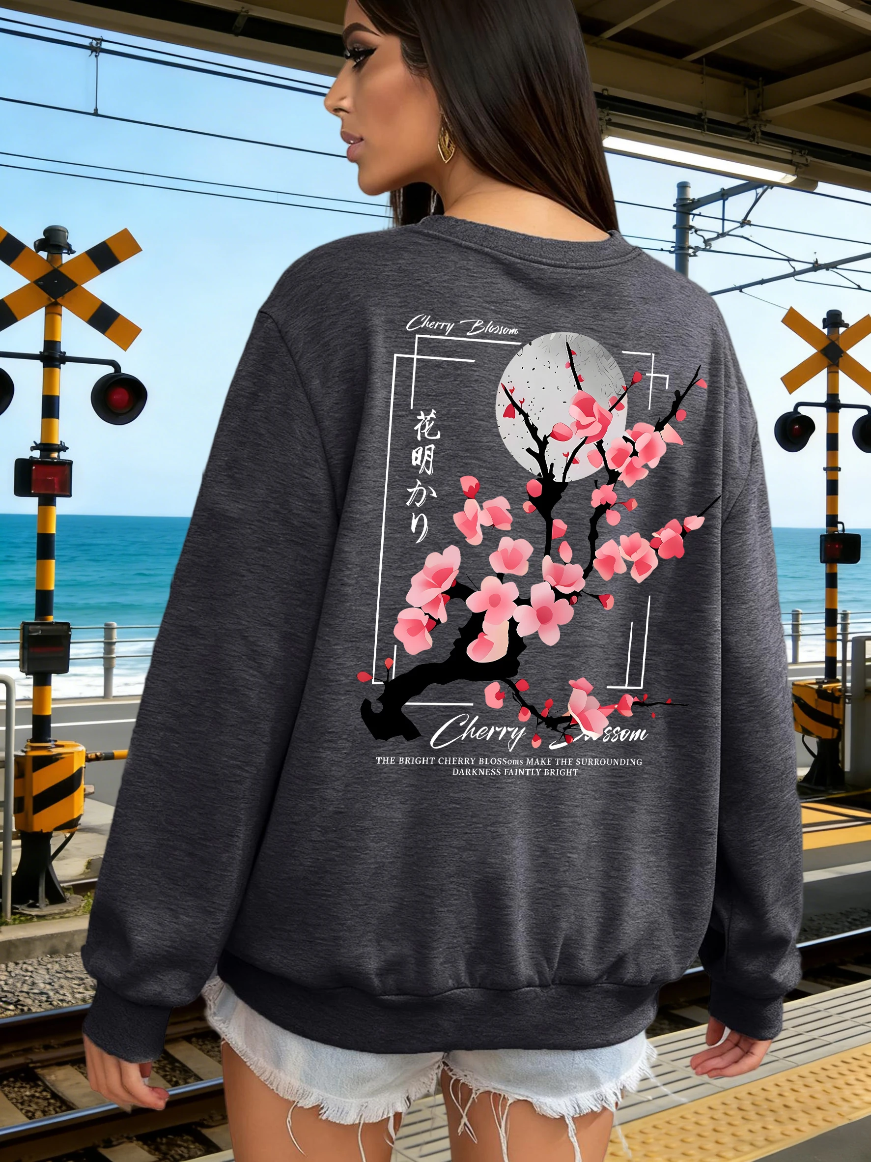 

Женская толстовка с принтом японских цветов сливы, свободный крой, уличный стиль, флис, Y2K, пуловеры унисекс, осенняя одежда для бега