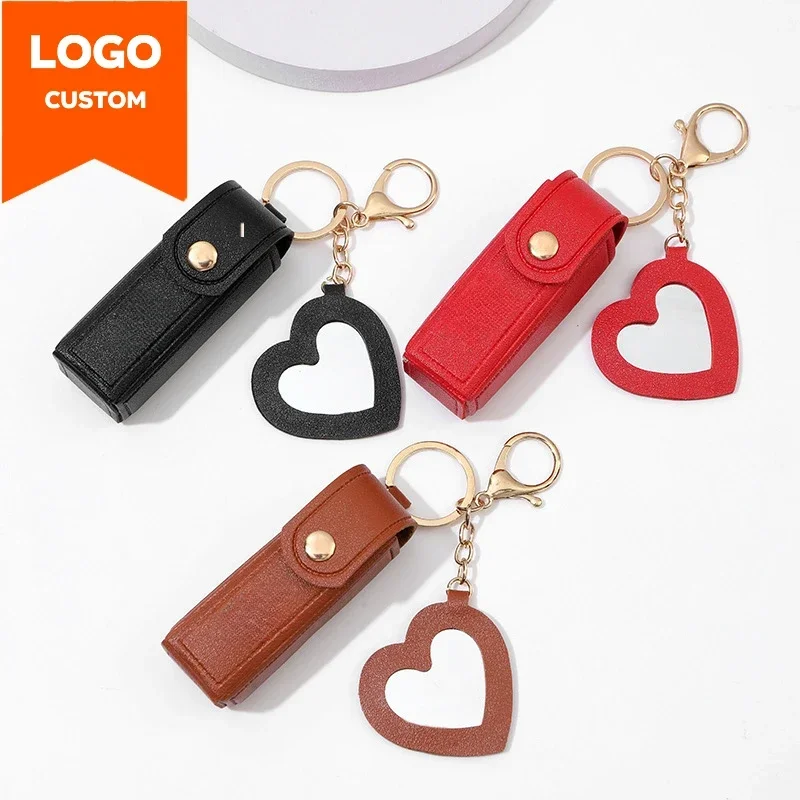 Custom Logo Portable Mirror Lipstick Bag Leather Keychain for Women Laser Engrave Heart Key Chain Ring Personalize Name Keyring