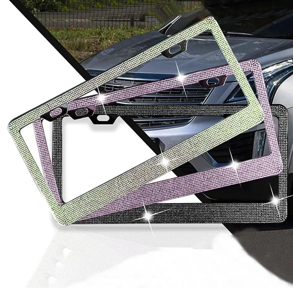 Luxury Car License Plate Frame with Rhinestones Crystal Diamond Bling Chrome Cover for Men Women Front Rear Rustproof Holder