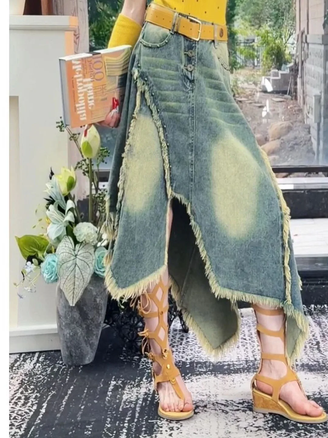 Retro Washed Denim Skirt Asymmetrical Frayed A-Line  Skirt for Women High Waist Korean Style Commute Anti-Stain Jeans Skirt
