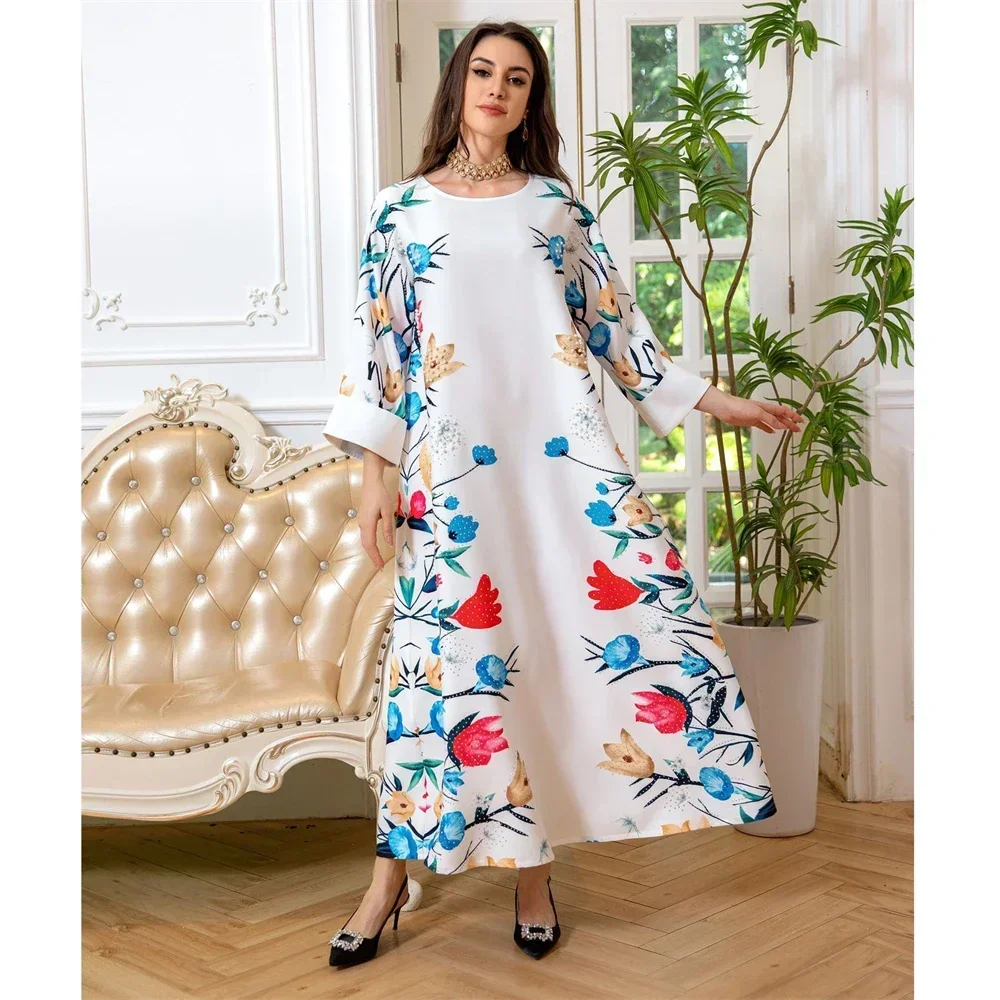 Eid Abaya per le donne Abiti lunghi con stampa floreale Diamanti Robe Ramadan Arabo Dubai Abito musulmano turco Caftano Marocain Femme Robe