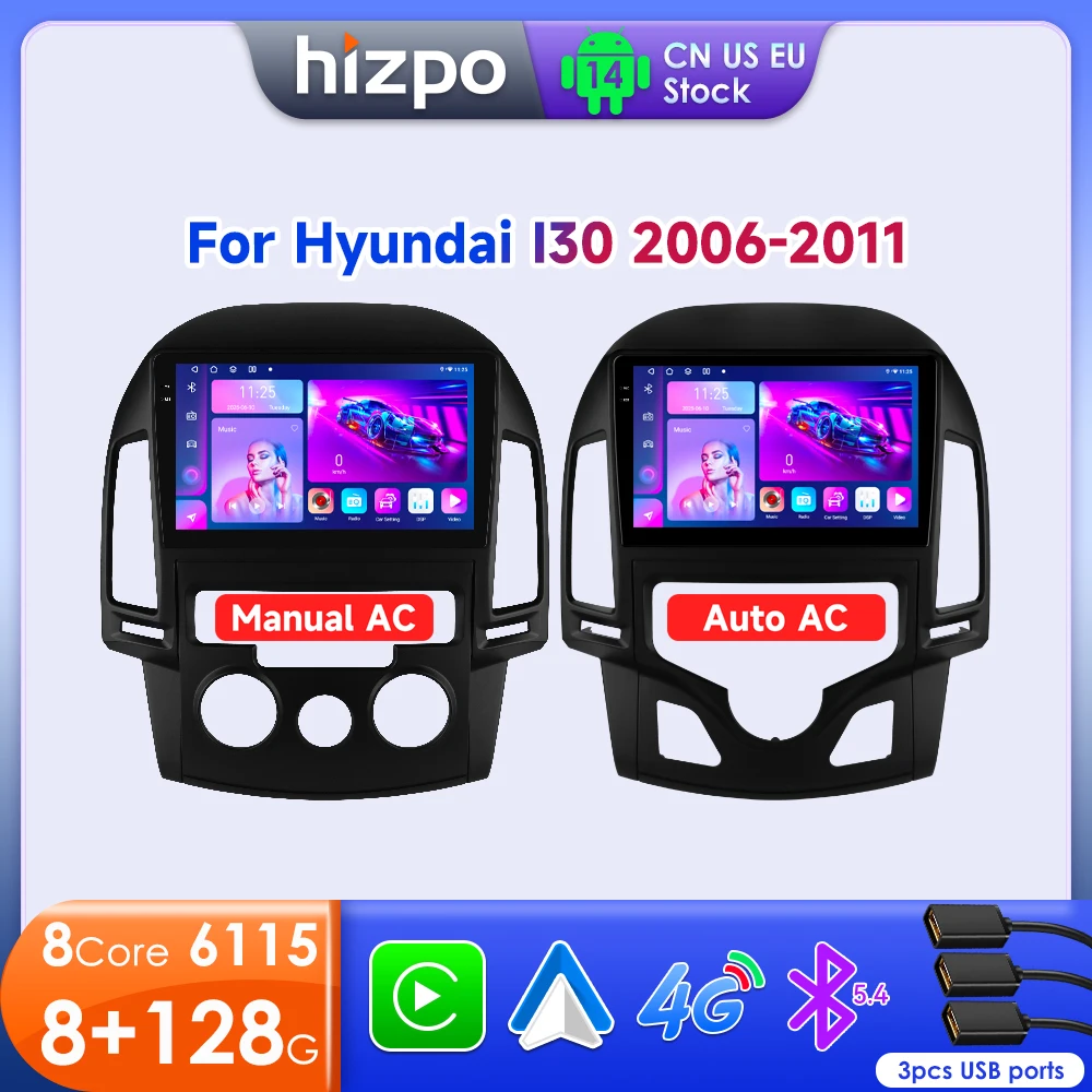 Hizpo Android Auto Radio For Hyundai I30 AT MT 2006 - 2011 4G Car Multimedia Player GPS 2din Autoradio AI Voice Wireless CarPlay