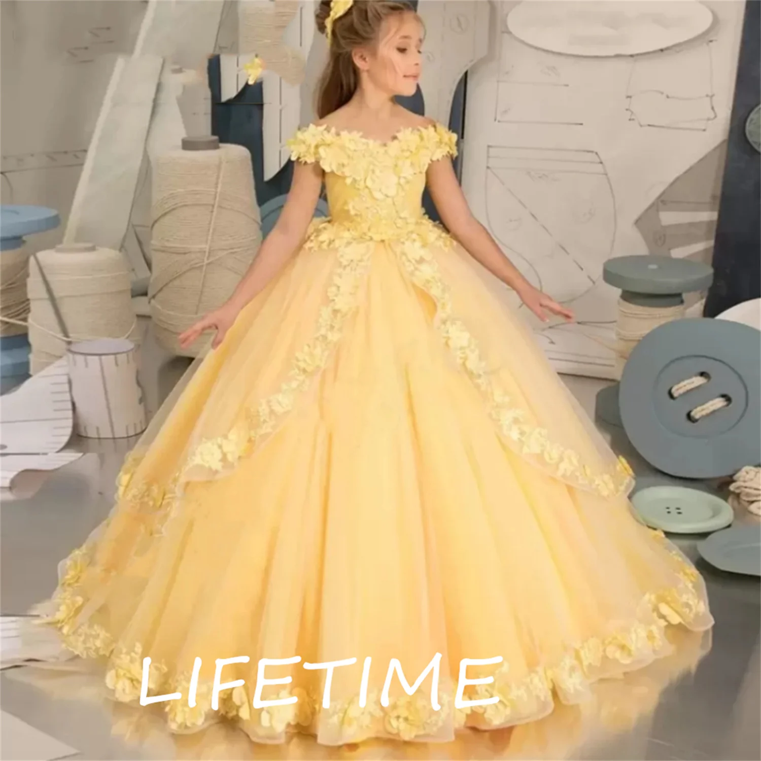 First Communion Kids Evening Ball Applique Bow Girls Pageant Dress Satin Tulle Flower Girl Dress