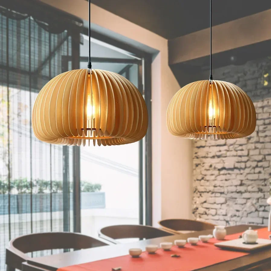 Imagem -02 - Pumpkin Pendant Led Light Modern Wood Hanging Lâmpadas Sala de Jantar Quarto Cabeceira Cozinha Home Decor Fixture Dia 18 cm 30 cm 35 cm 42cm