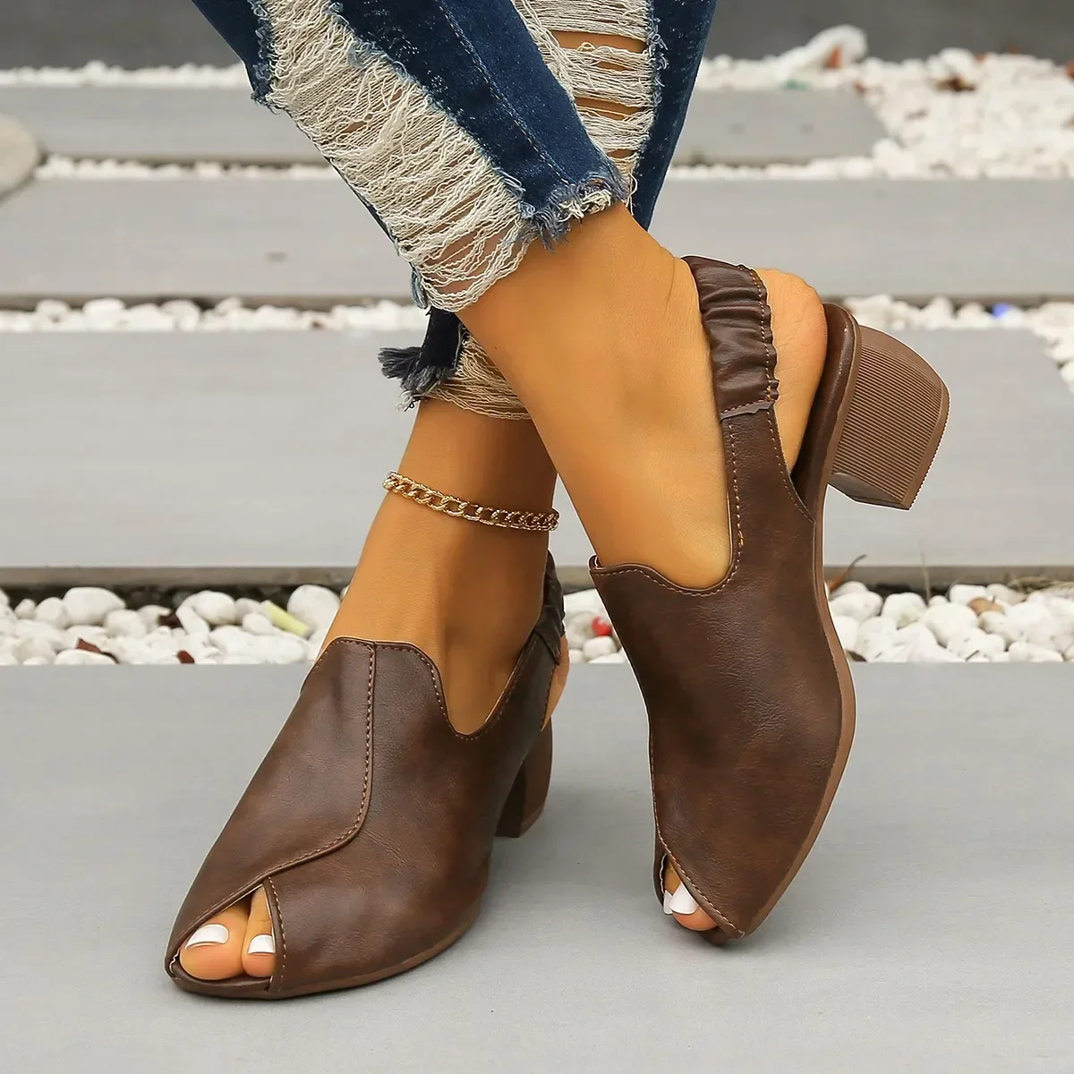 

2024 Women's Peep Toe Sandals New Summer Rome Chunky Heel Shoes for Women Outdoor Party Dress Women's Gladiator Heeled Shoes
